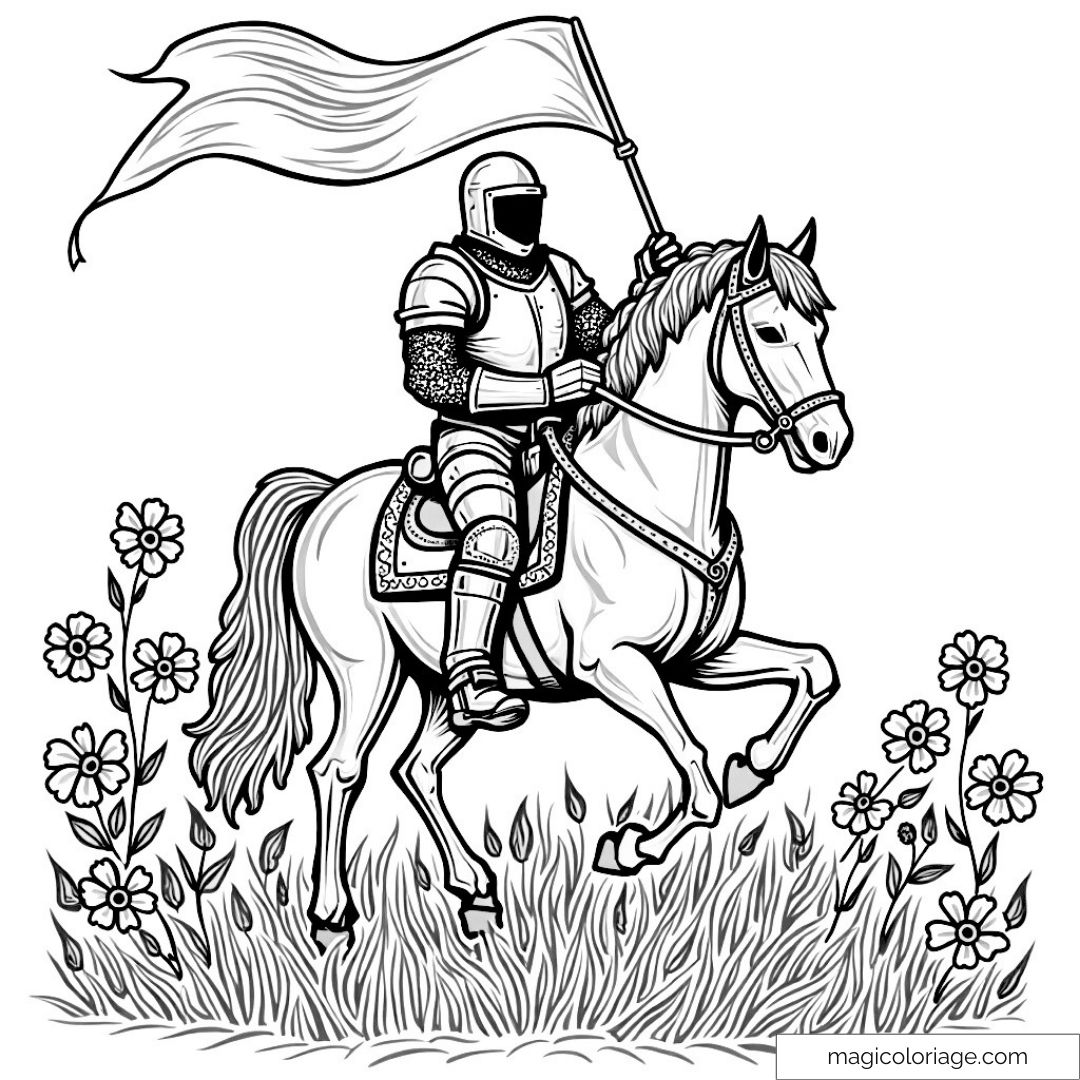 Chevalier en armure sur un cheval galopant dans un champ de fleurs.
