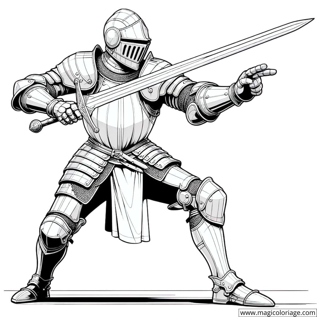Coloriage d'un chevalier en posture de garde, prêt pour le combat