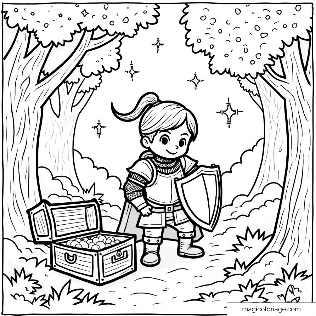 Dessin de chevalier avec bouclier et coffre au trésor dans la forêt