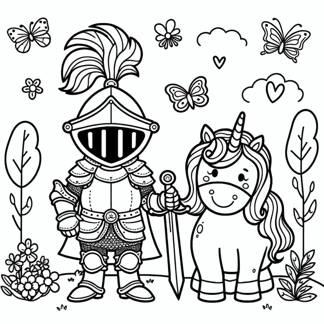Chevalier et licorne dans une aventure de coloriage