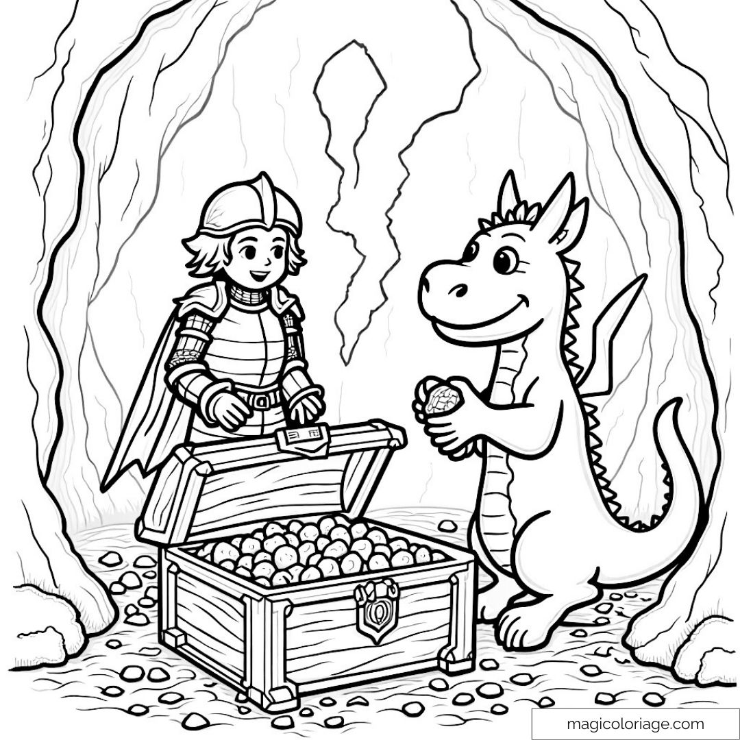 Coloriage chevalier et dragon avec coffre au trésor dans une grotte.