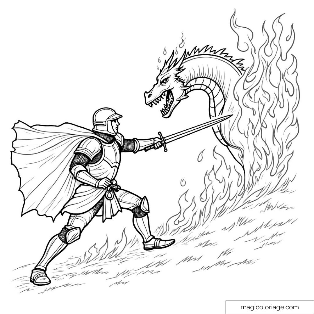 Chevalier affrontant un dragon crachant du feu.