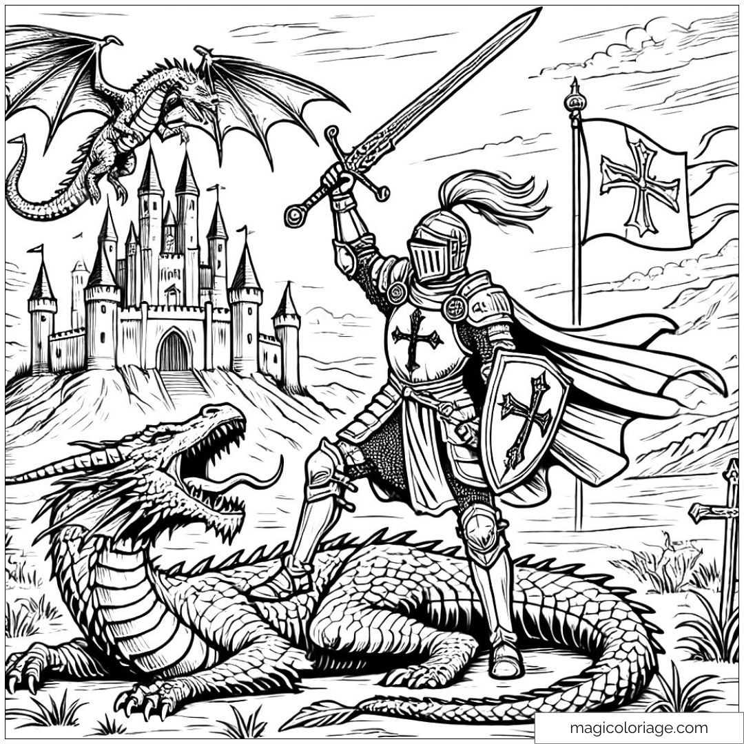 Chevalier en armure défiant un dragon avec château en arrière-plan.
