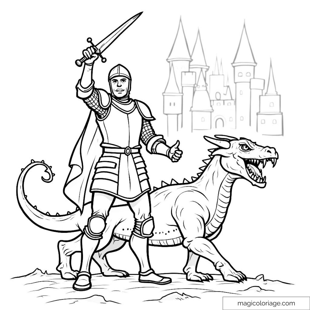 Chevalier brandissant une épée avec un dragon devant un château