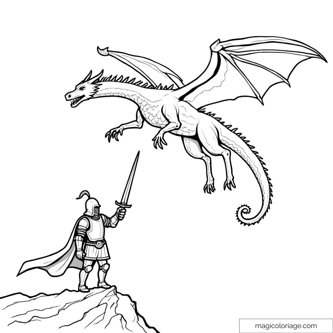 Chevalier affrontant un dragon majestueux sur une falaise
