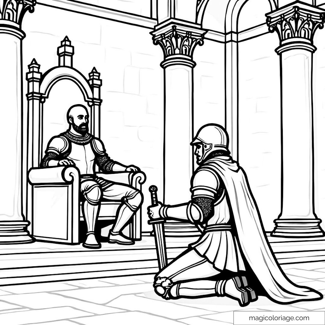 Coloriage de chevalier et roi en armure dans un château