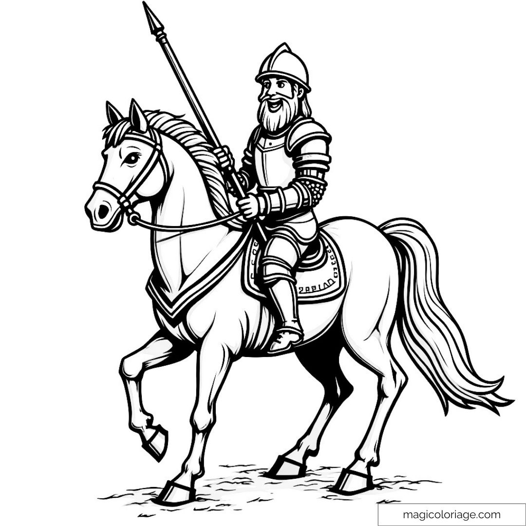 Image de chevalier en armure sur un cheval prêt à l'aventure.
