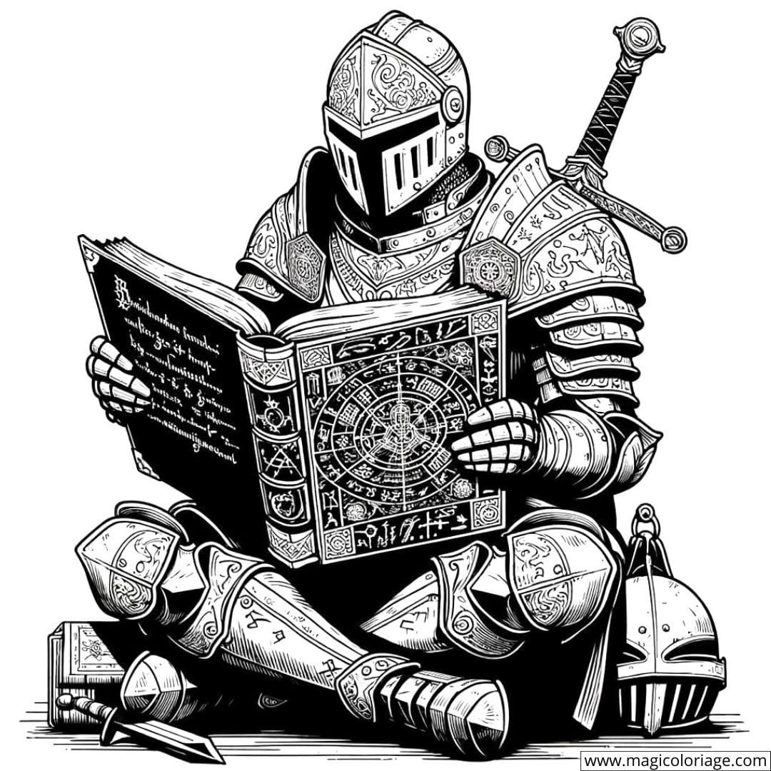 Un chevalier absorbé par la lecture d'un ancien grimoire