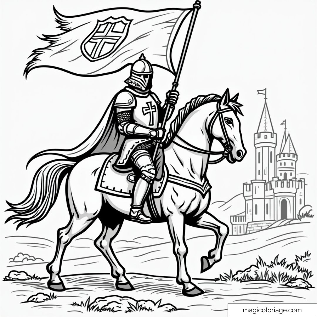 Chevalier et cheval devant un château médiéval