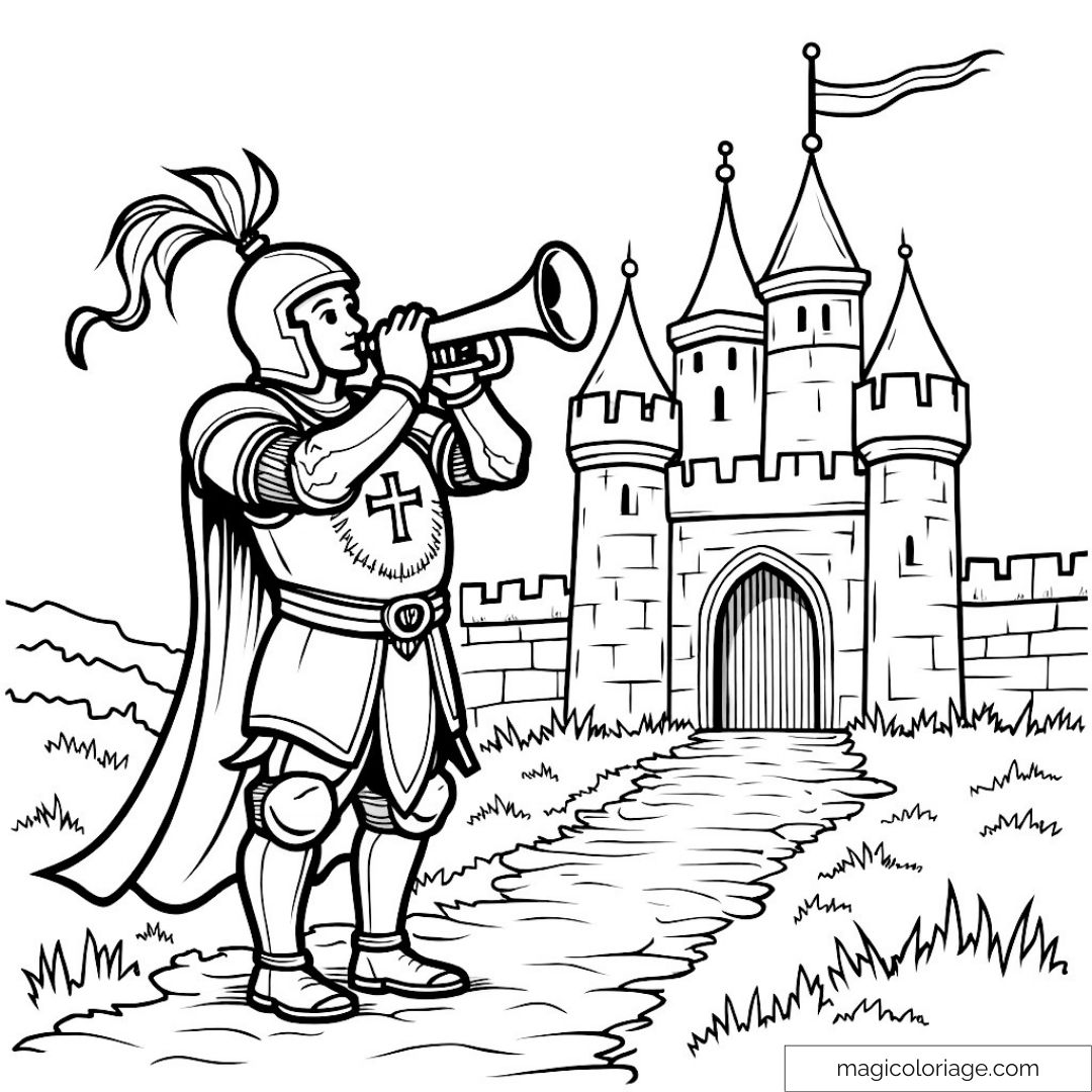 Chevalier en armure jouant de la trompette devant un château médiéval.