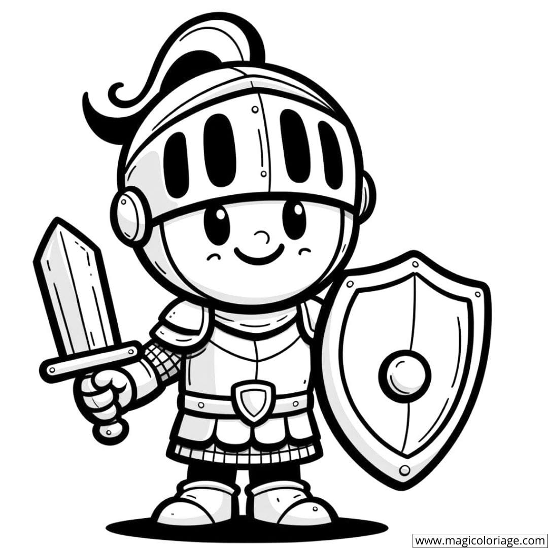 Un chevalier joyeux tenant fièrement un petit bouclier.