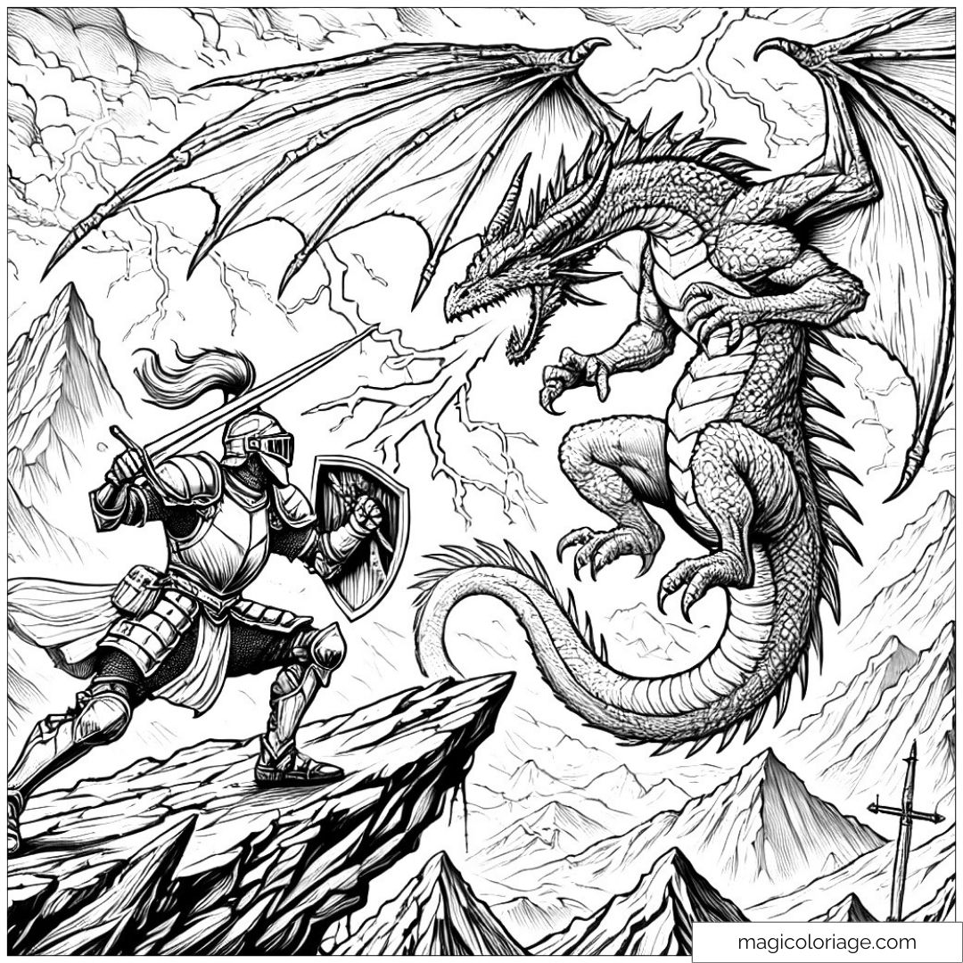 Coloriage chevalier au combat contre dragon dans un paysage montagneux.
