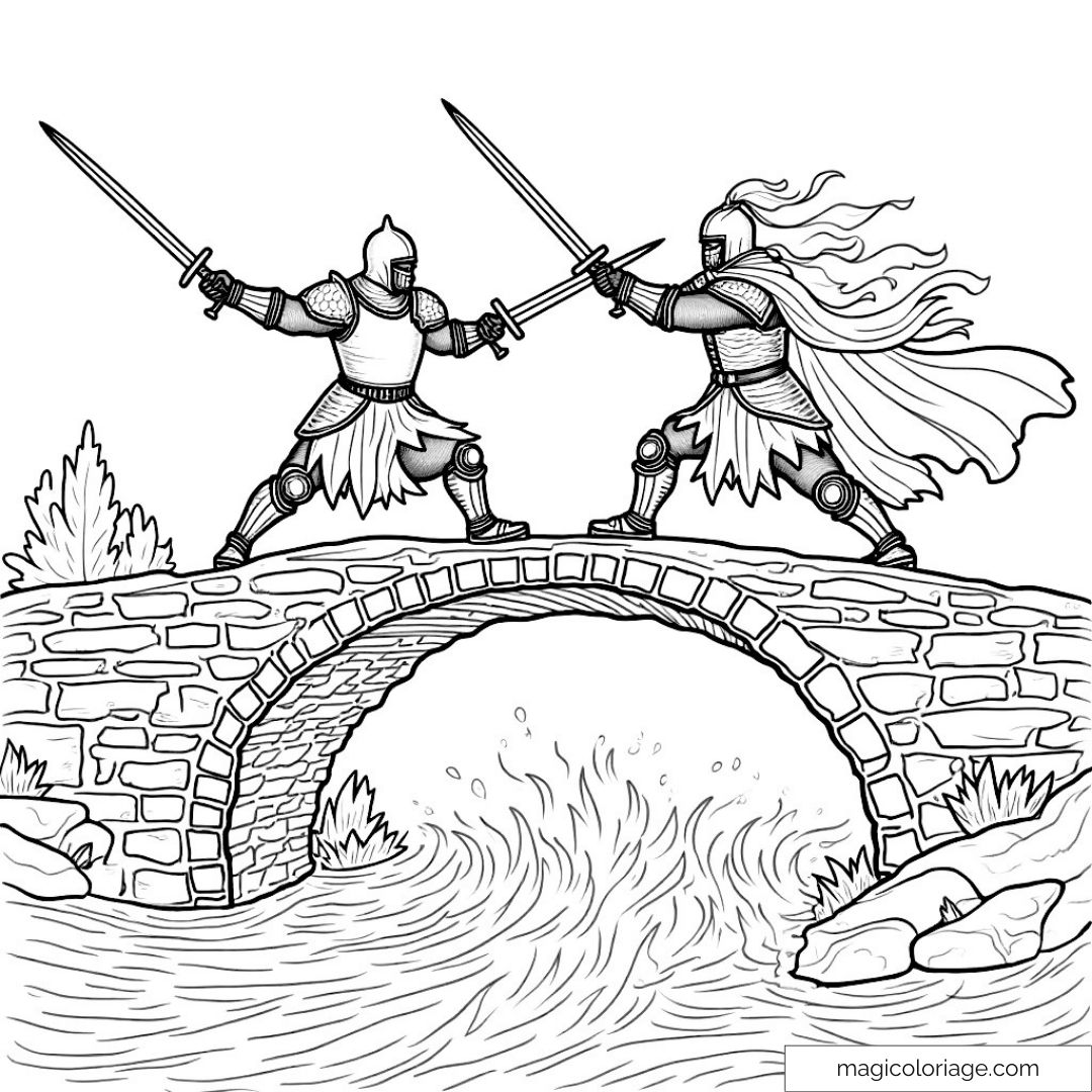 Coloriage chevaliers se battant sur un pont de pierre