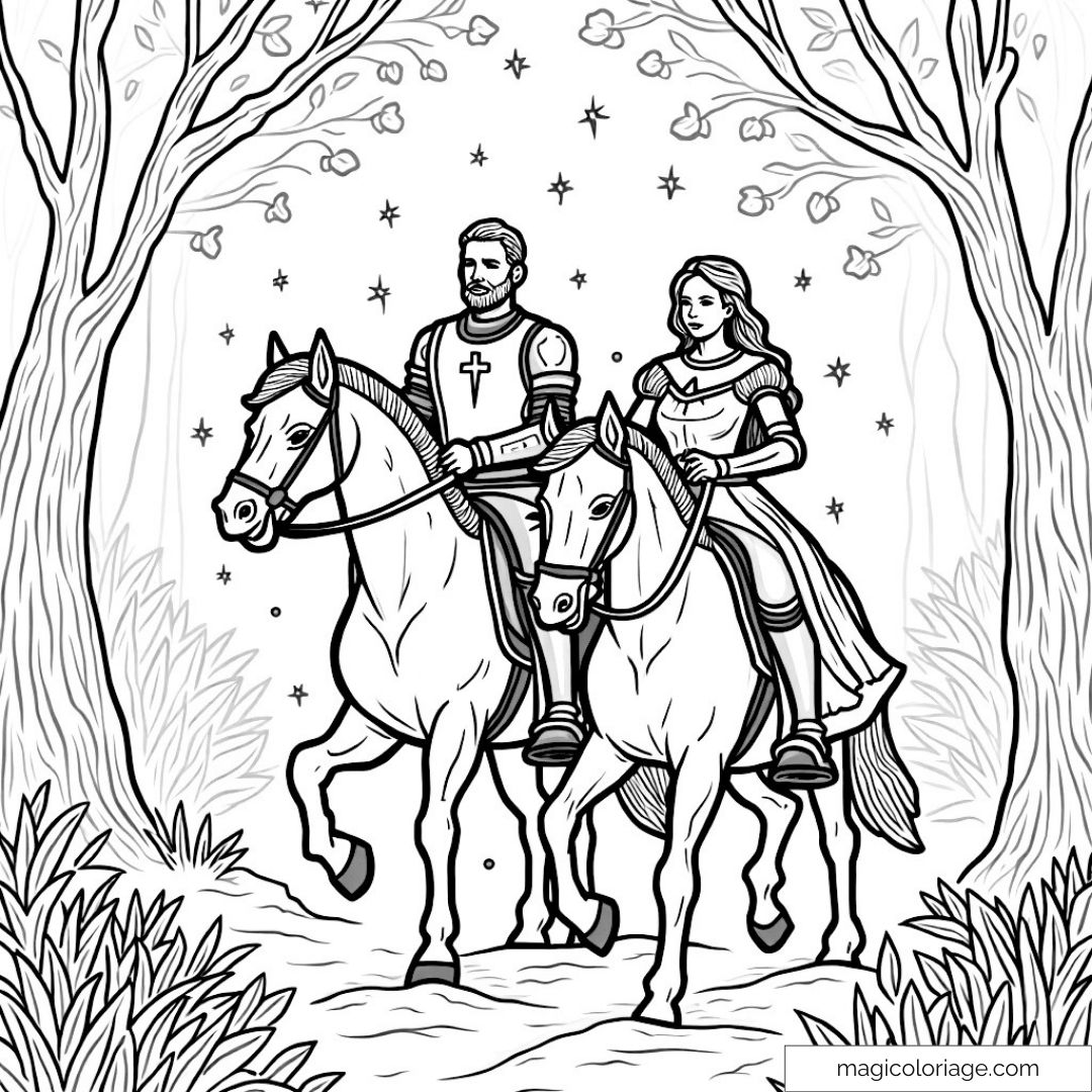 Chevaliers et princesse à cheval dans une forêt magique
