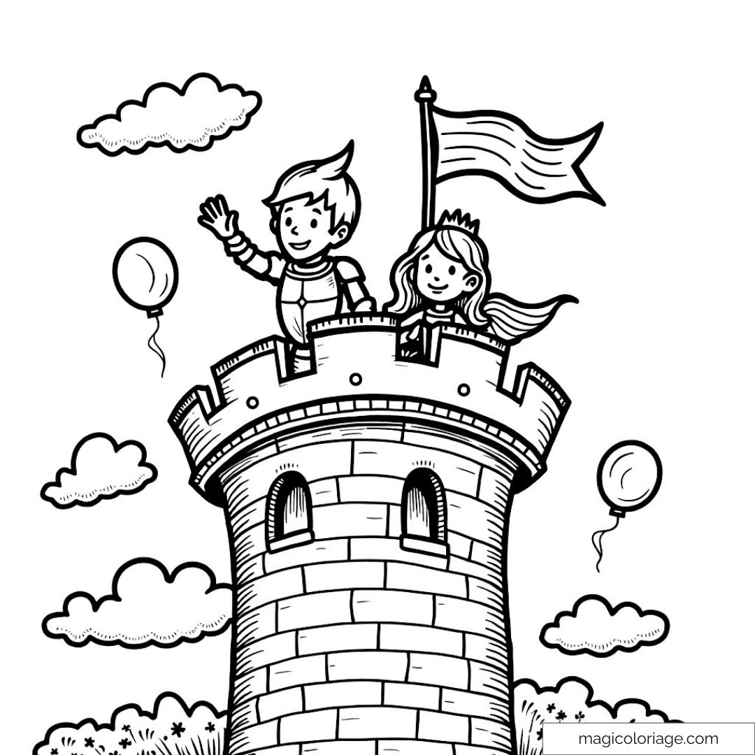 Enfants sur une tour médiévale avec drapeau et ballons dans le ciel.
