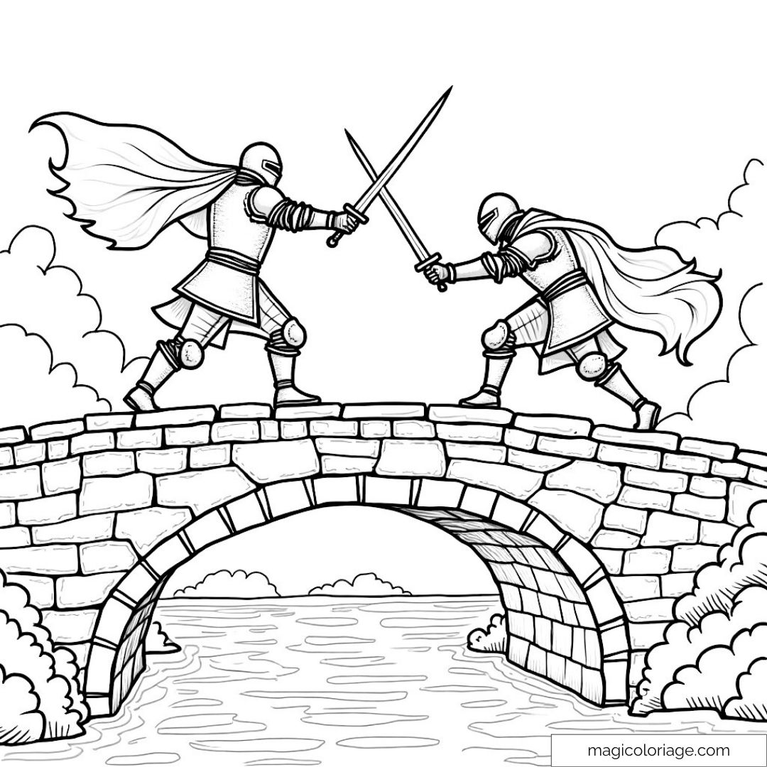 Chevaliers avec épées sur un pont de pierre à colorier