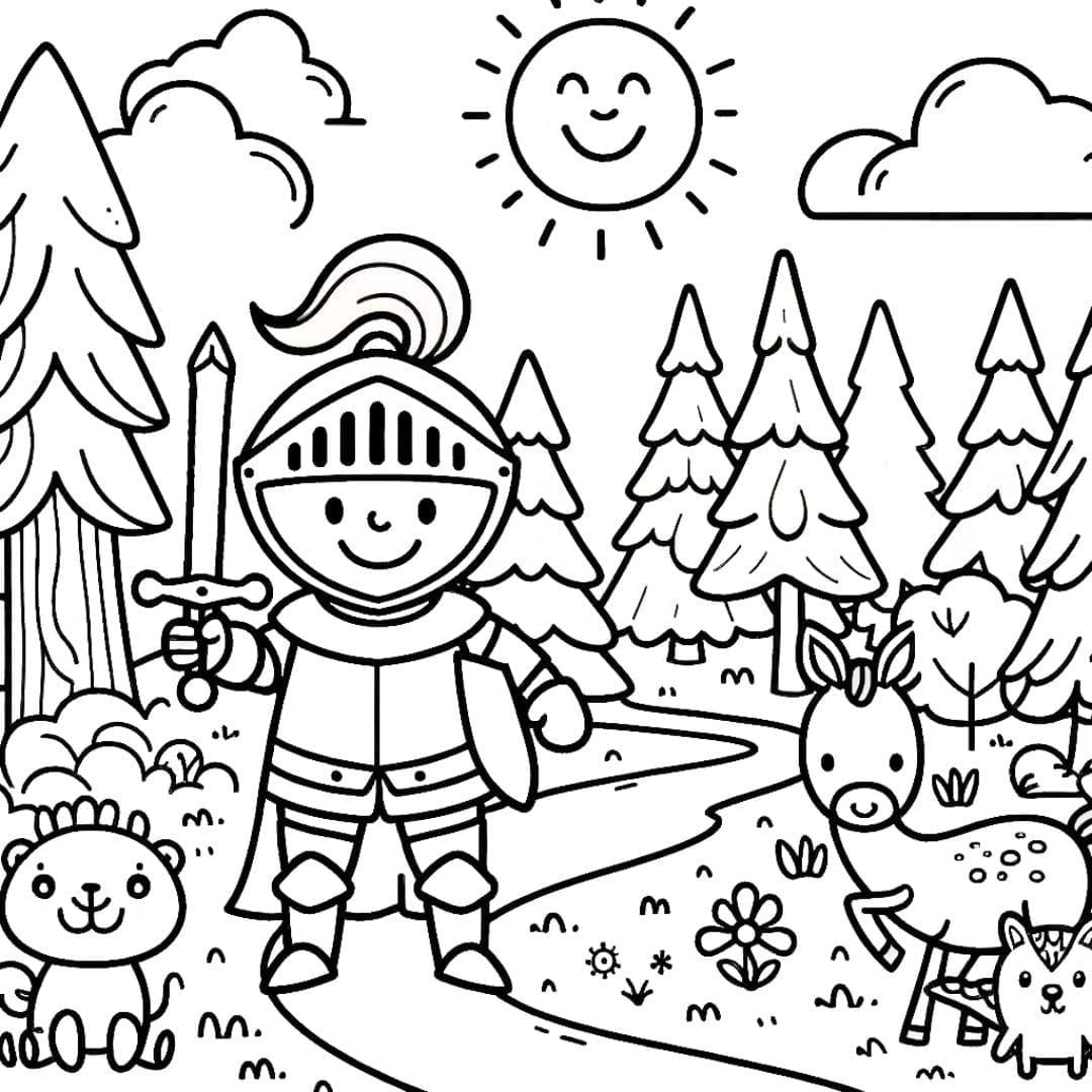 Chevalier solitaire dans une forêt à colorier