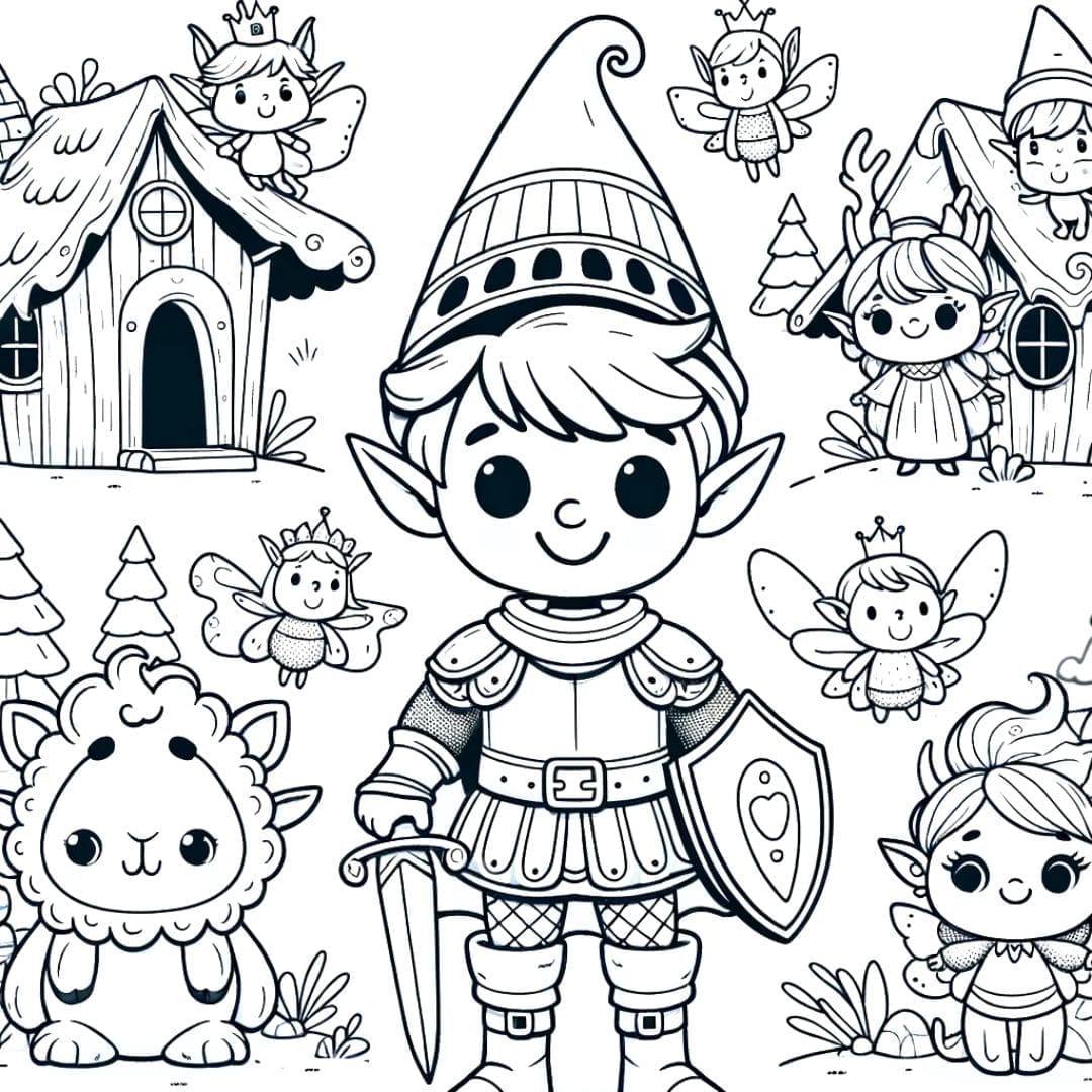 Coloriage - Chevalier visitant un village d'elfes mignons
