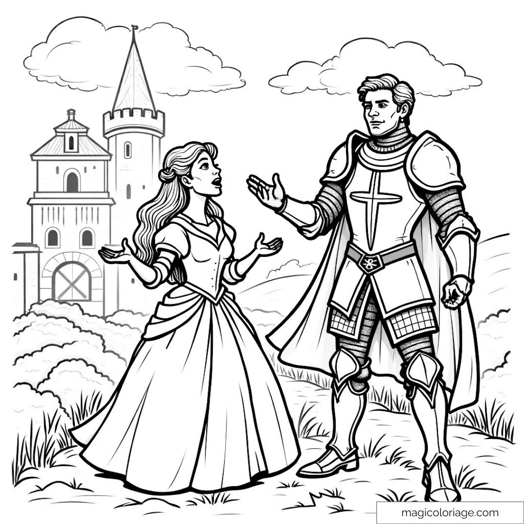 Image d’un chevalier en armure et d’une princesse près d’un château