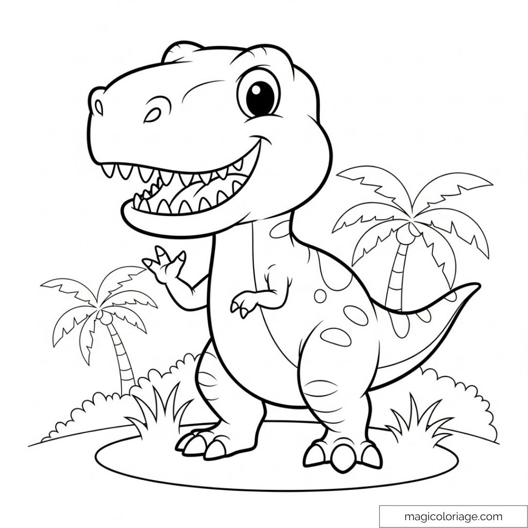 Dinosaure mignon avec palmiers à colorier pour enfants.