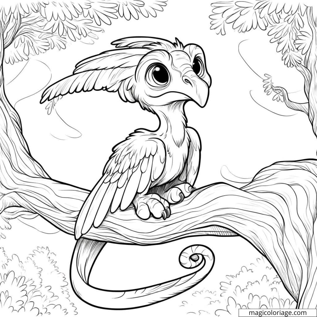 Archaeopteryx perché dans un arbre, à colorier