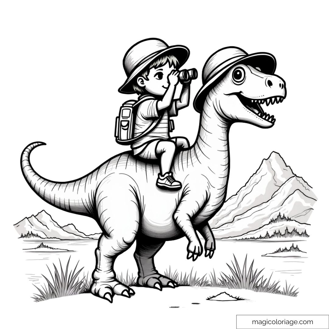Enfant sur un dinosaure explorant un paysage préhistorique.