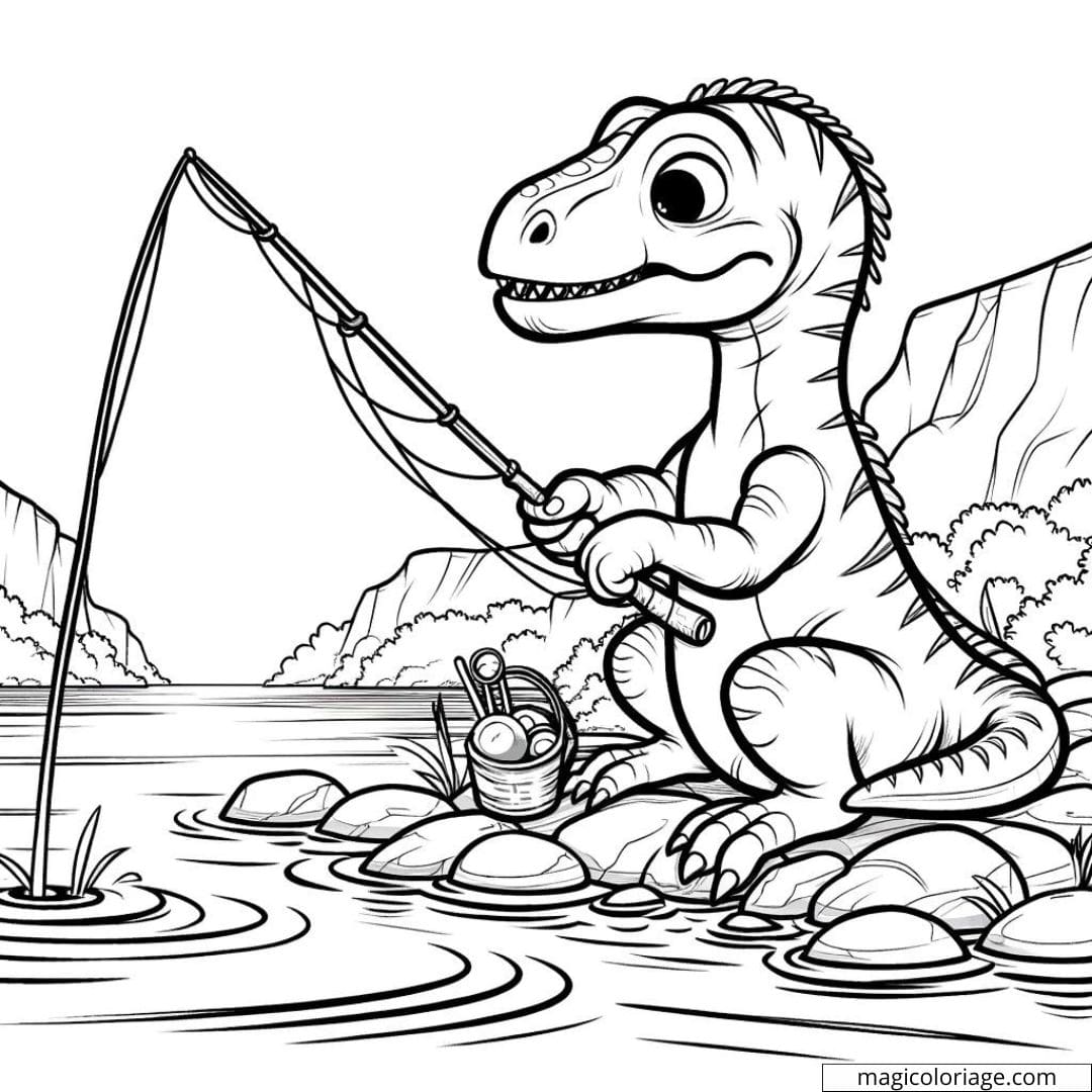 Baryonyx dynamique pêchant dans une rivière, à colorier