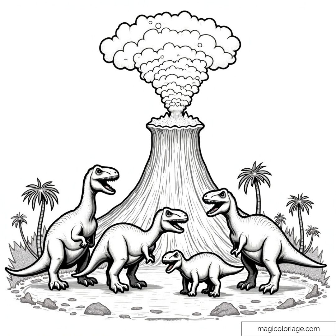 Un groupe de dinosaures rassemblés près d'un volcan en éruption dans un paysage préhistorique.
