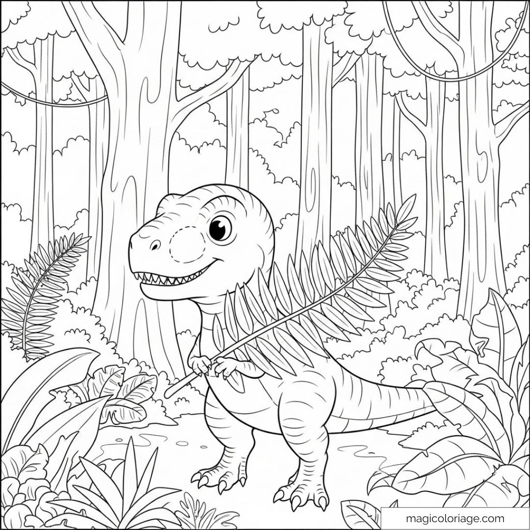 Coloriage de dinosaure souriant dans une forêt avec des fougères.