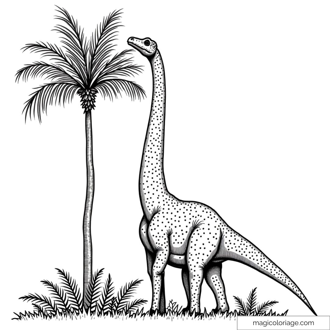 Brachiosaure mangeant des feuilles sous un palmier