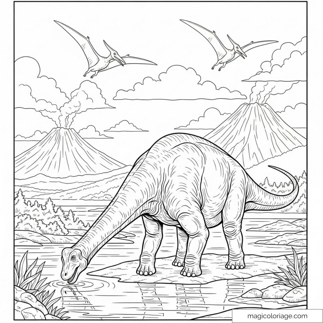 Dinosaure buvant près d’un lac avec volcans et ptérosaures.