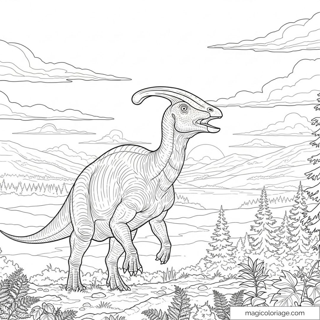 Dinosaure dans paysage préhistorique avec montagnes et forêt