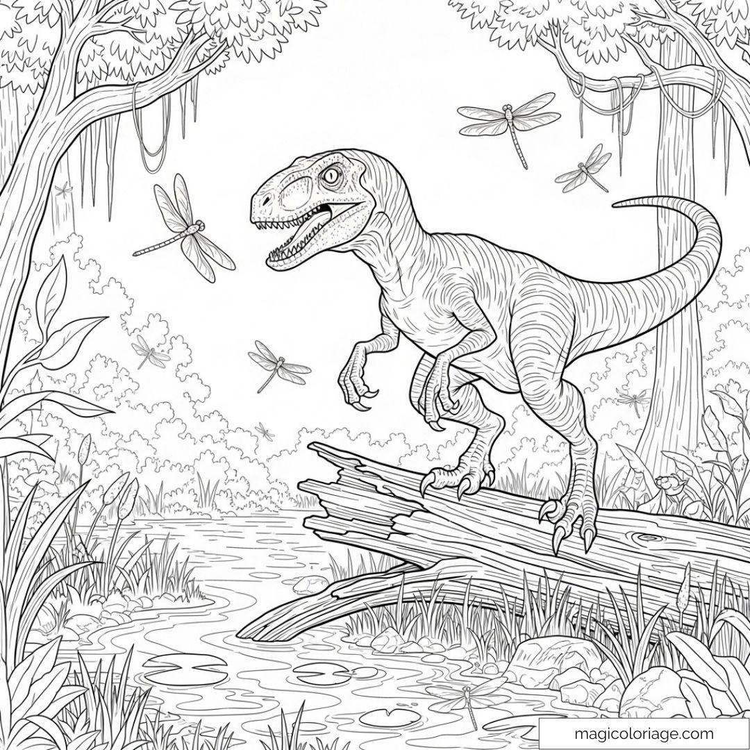 Dinosaurie en pleine forêt entouré de libellules