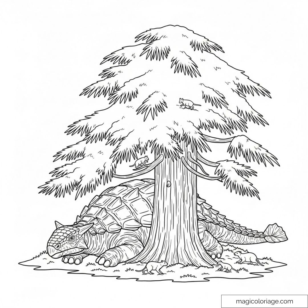Dinosaure géant relaxant sous un arbre avec des écureuils espiègles.