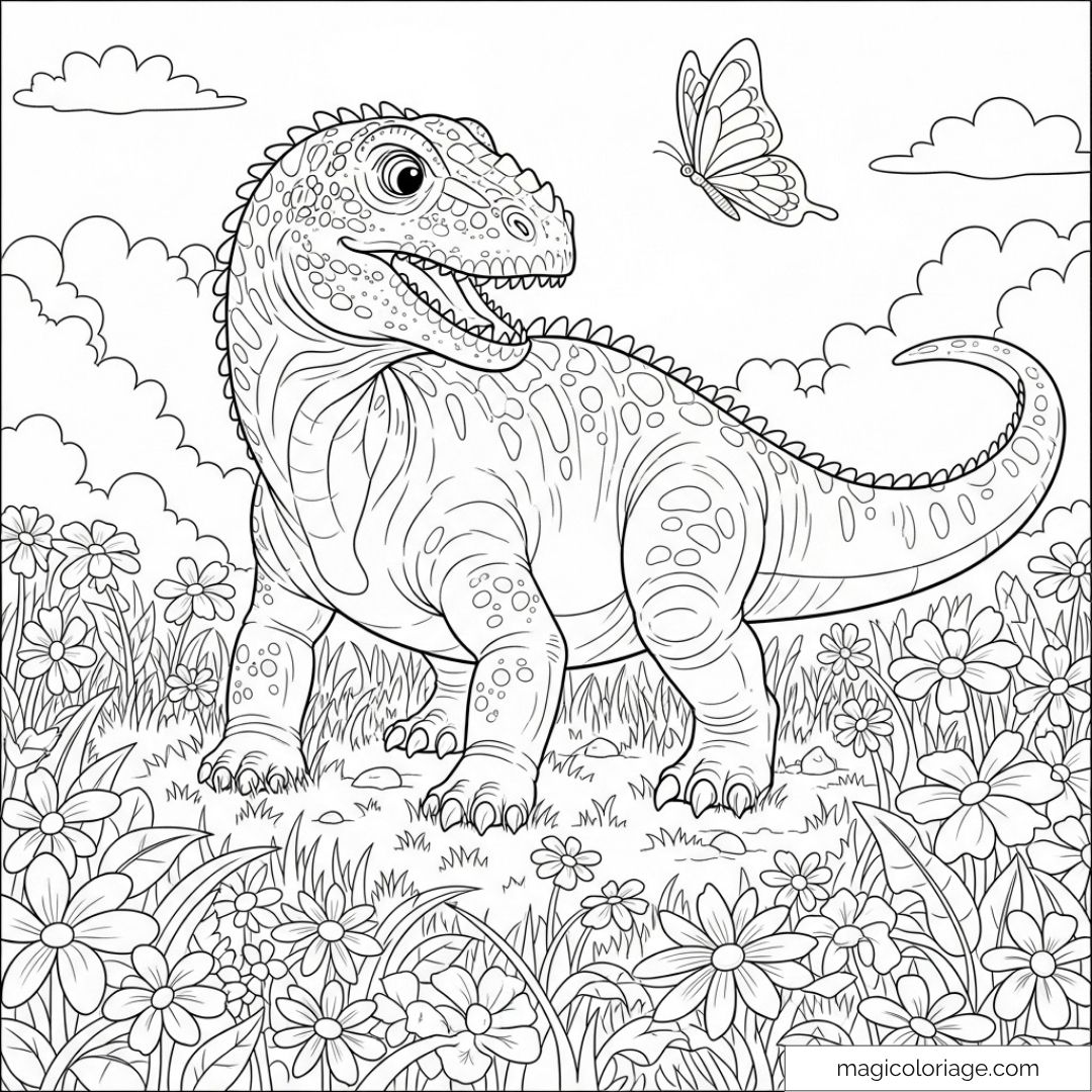 Dinosaure et papillon dans un champ floral à colorier