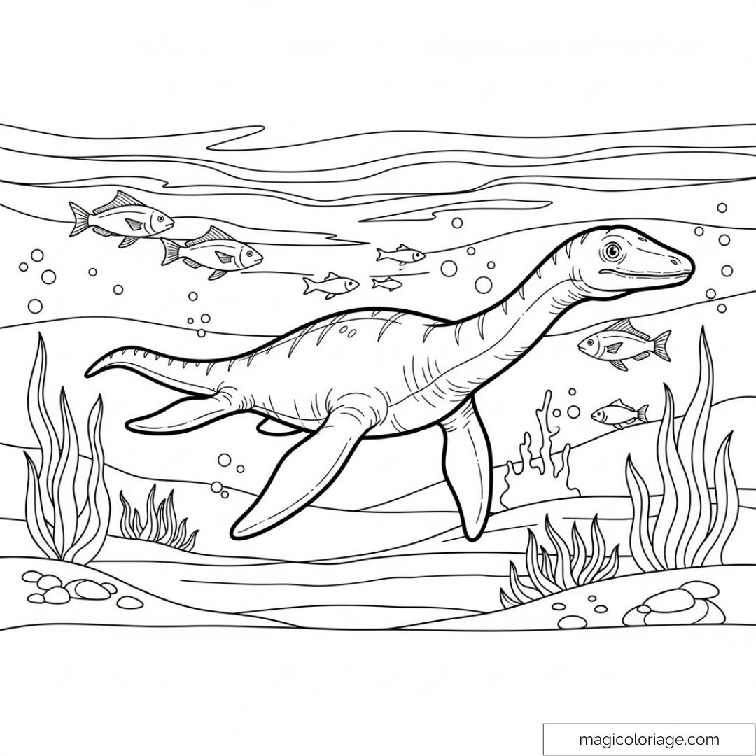 Dinosaure marin nageant avec poissons et algues luxuriantes