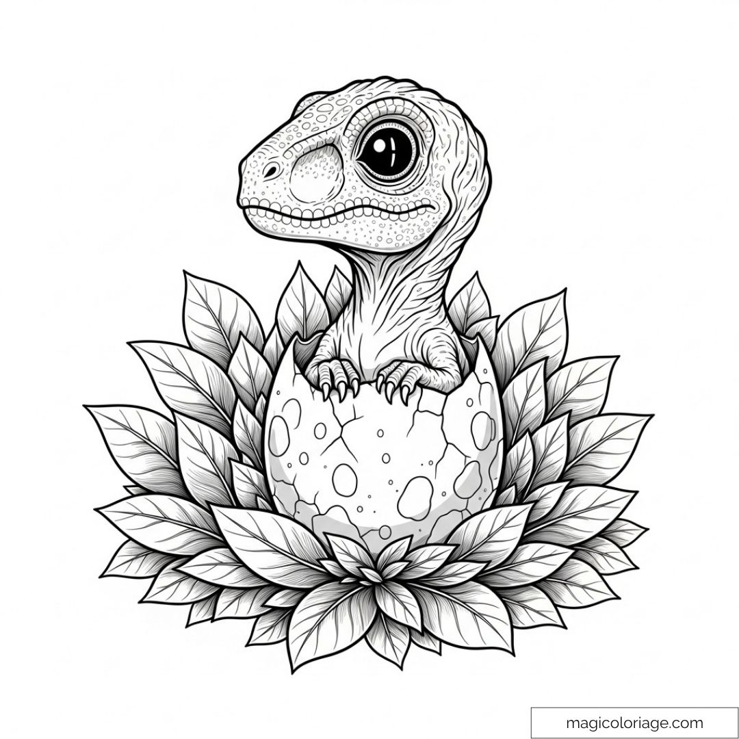 Dinosaure sortant de l'œuf avec des feuilles autour
