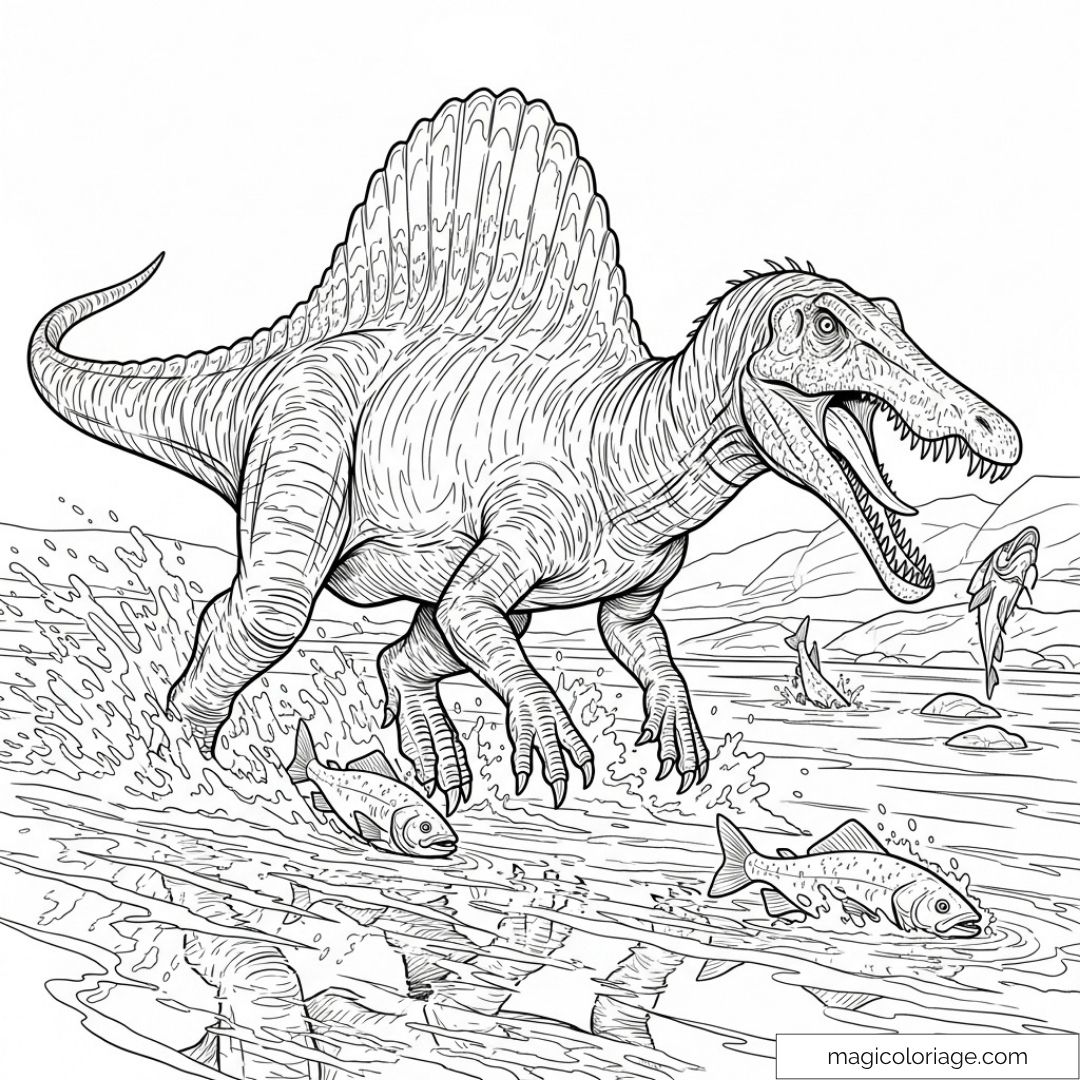 Dessin d'un Spinosaurus chassant des poissons dans l'eau.