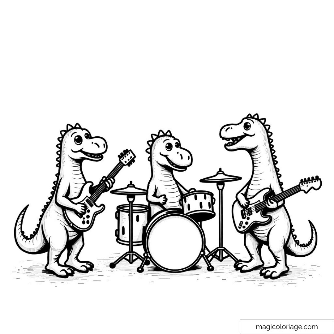 Trois dinosaures jouant de la musique ensemble avec une guitare et une batterie