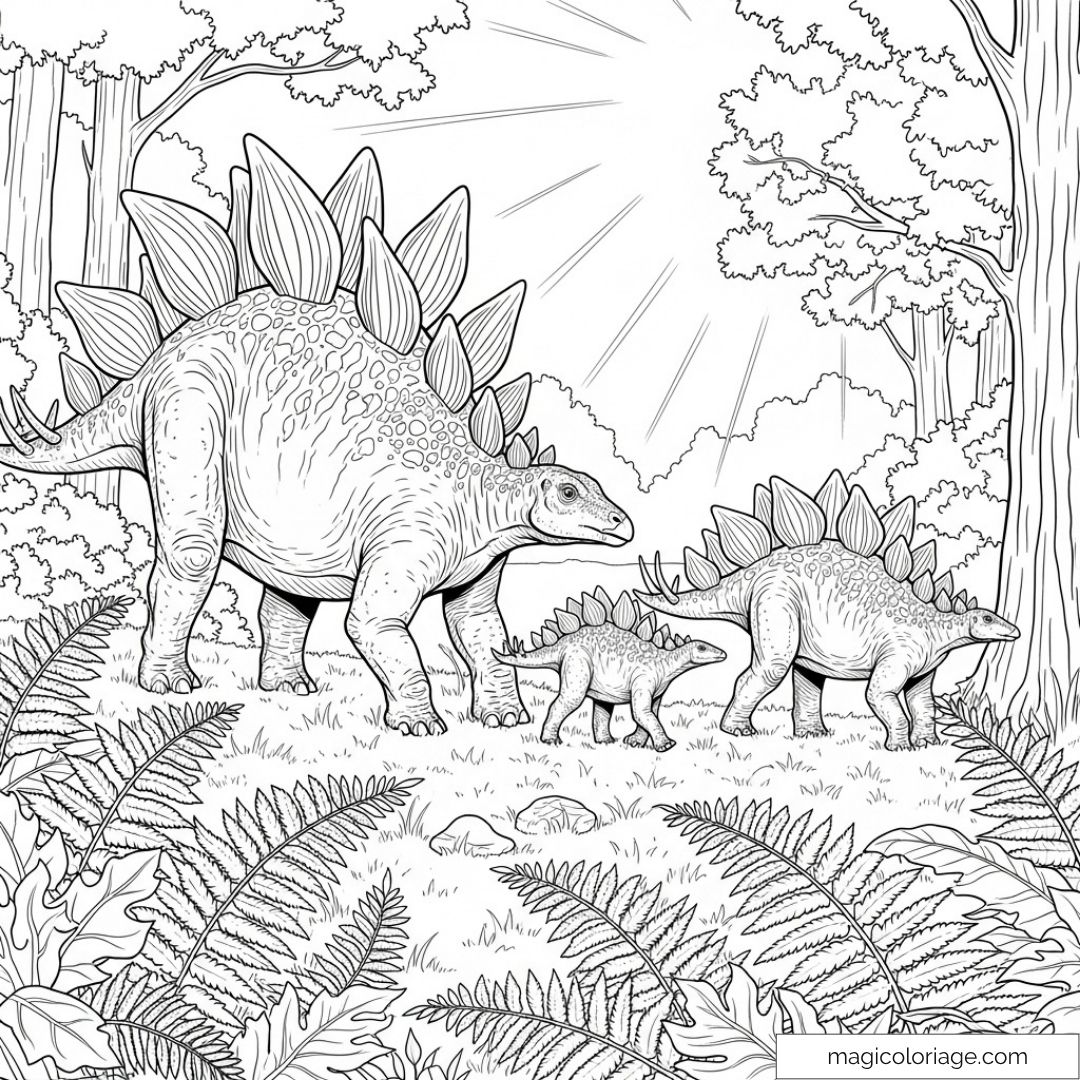 Dinosaures dans une clairière en forêt