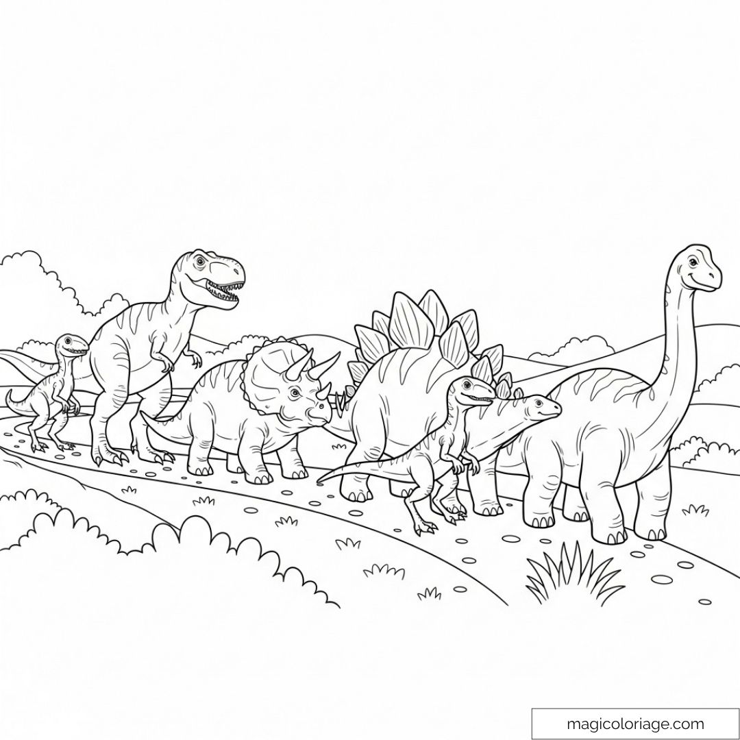 Illustration en noir et blanc de différents dinosaures marchant dans la nature.