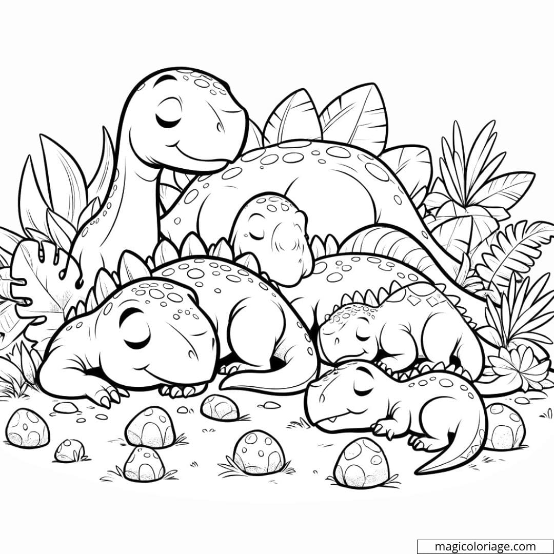 Groupe de dinosaures herbivores se reposant, à colorier