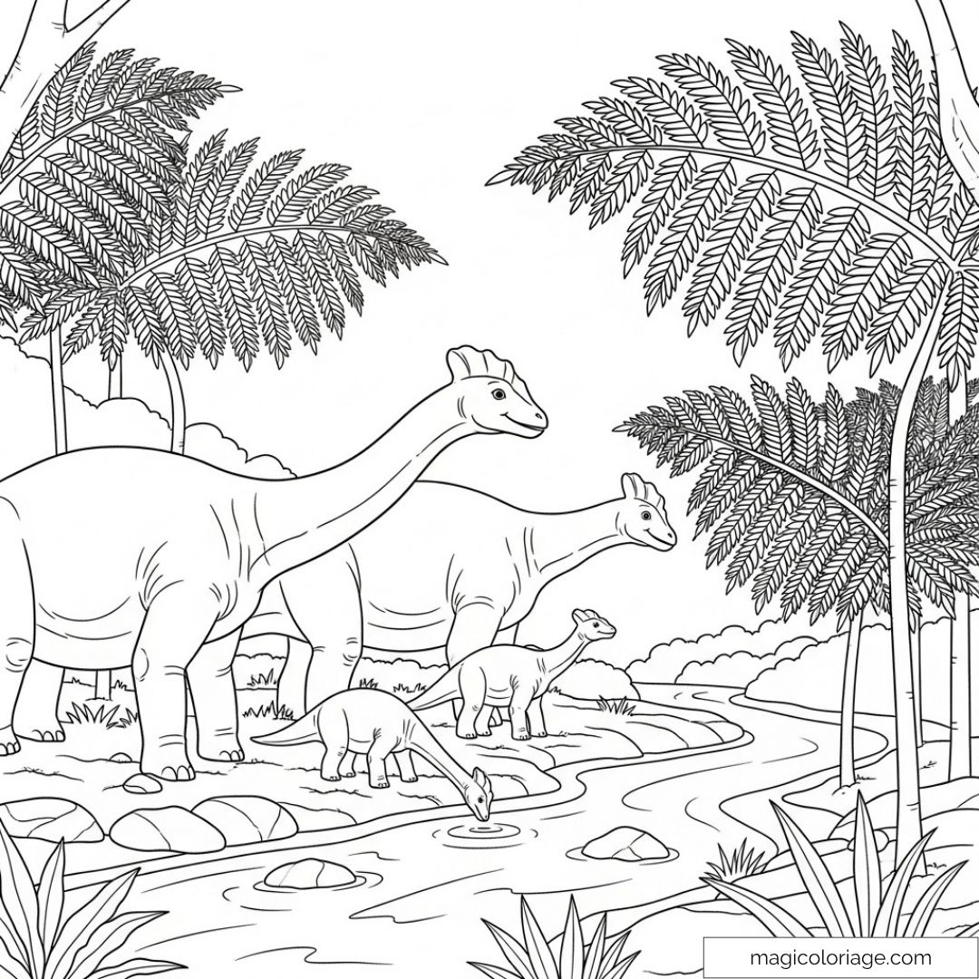 Dessin de dinosaures et nature au bord d'une rivière