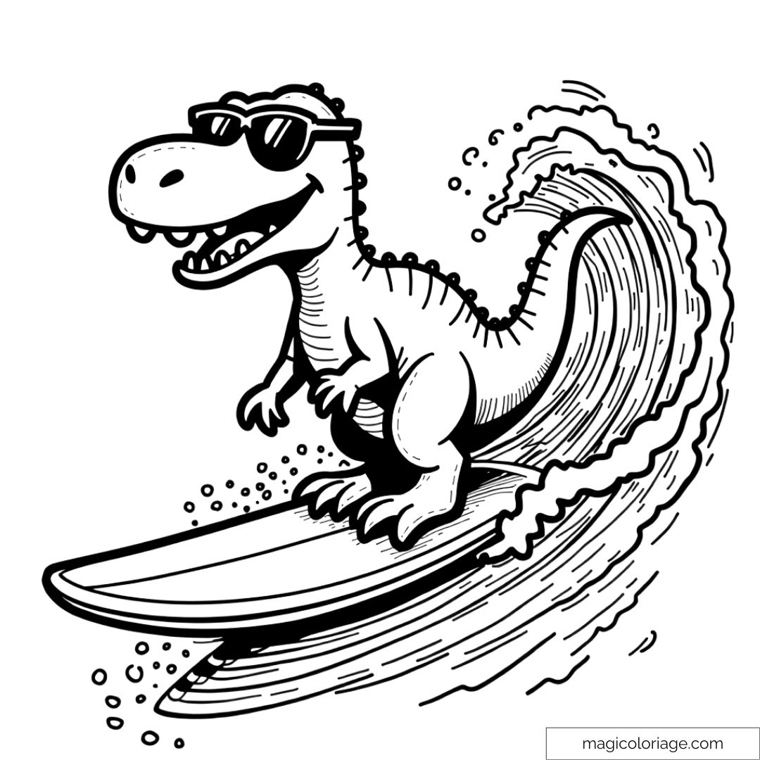 T-Rex amusant en lunettes de soleil sur une planche de surf