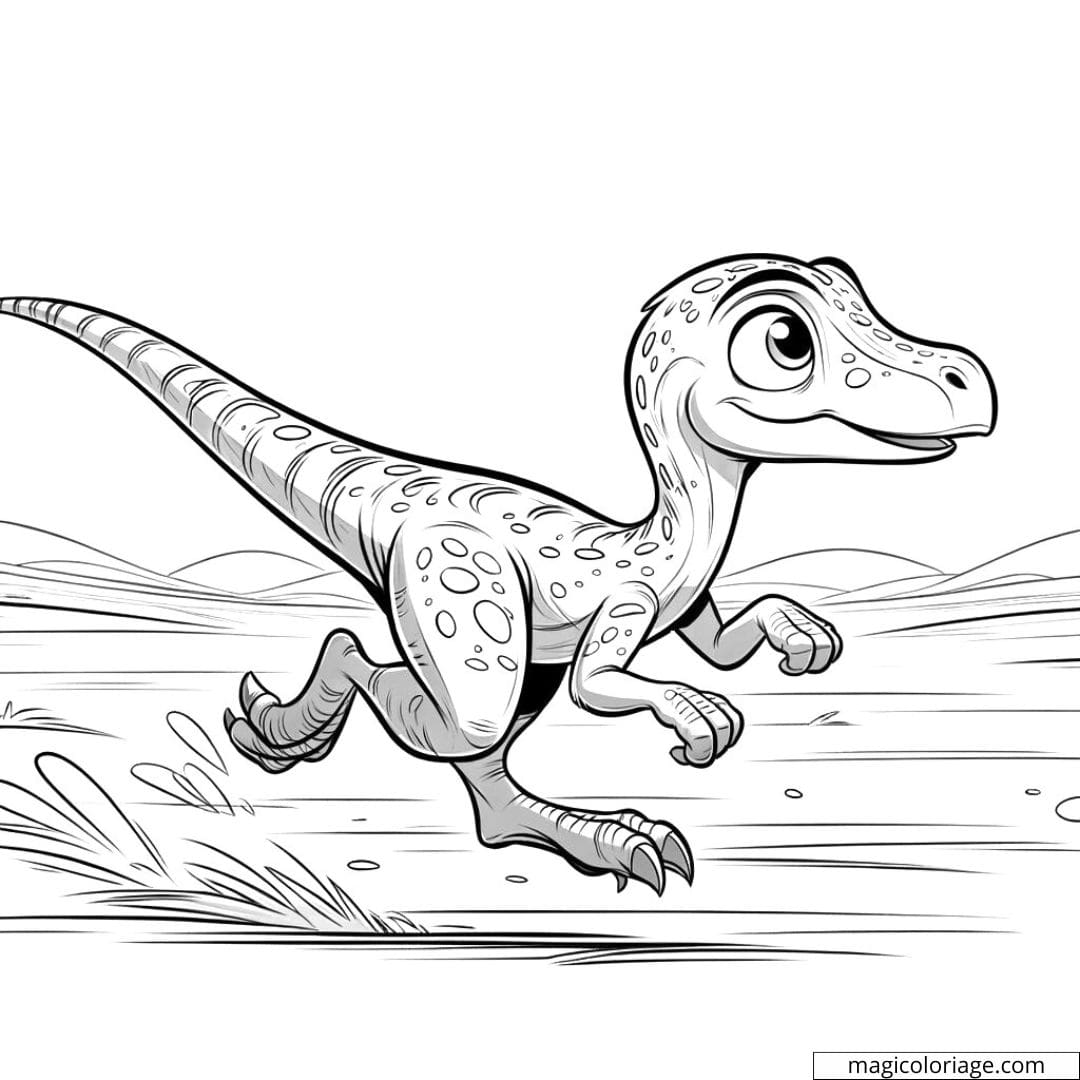 Coloriage d'un Gallimimus courant rapidement à travers une plaine