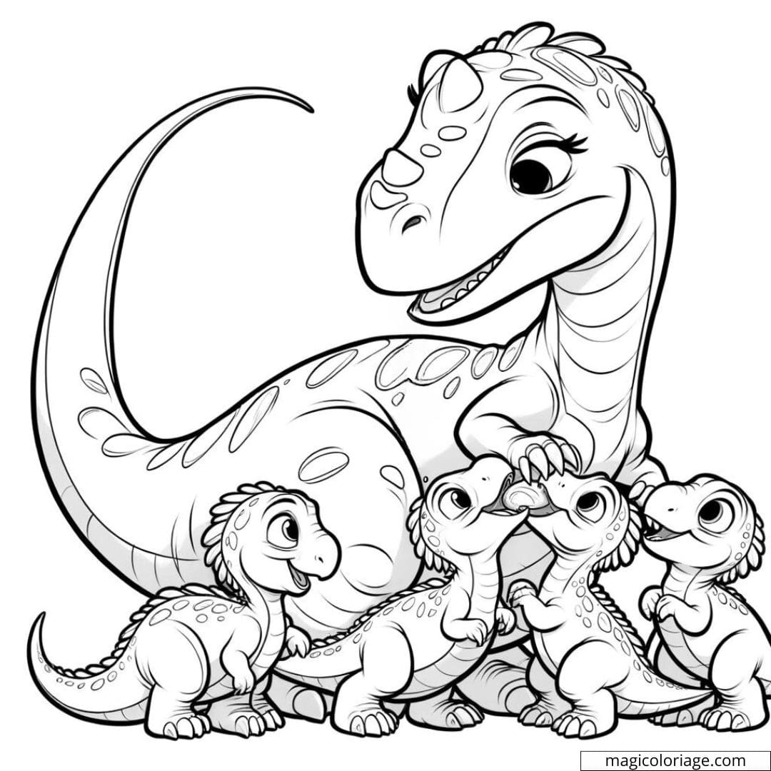 Maiasaura nourrissant ses jeunes, dessin à colorier