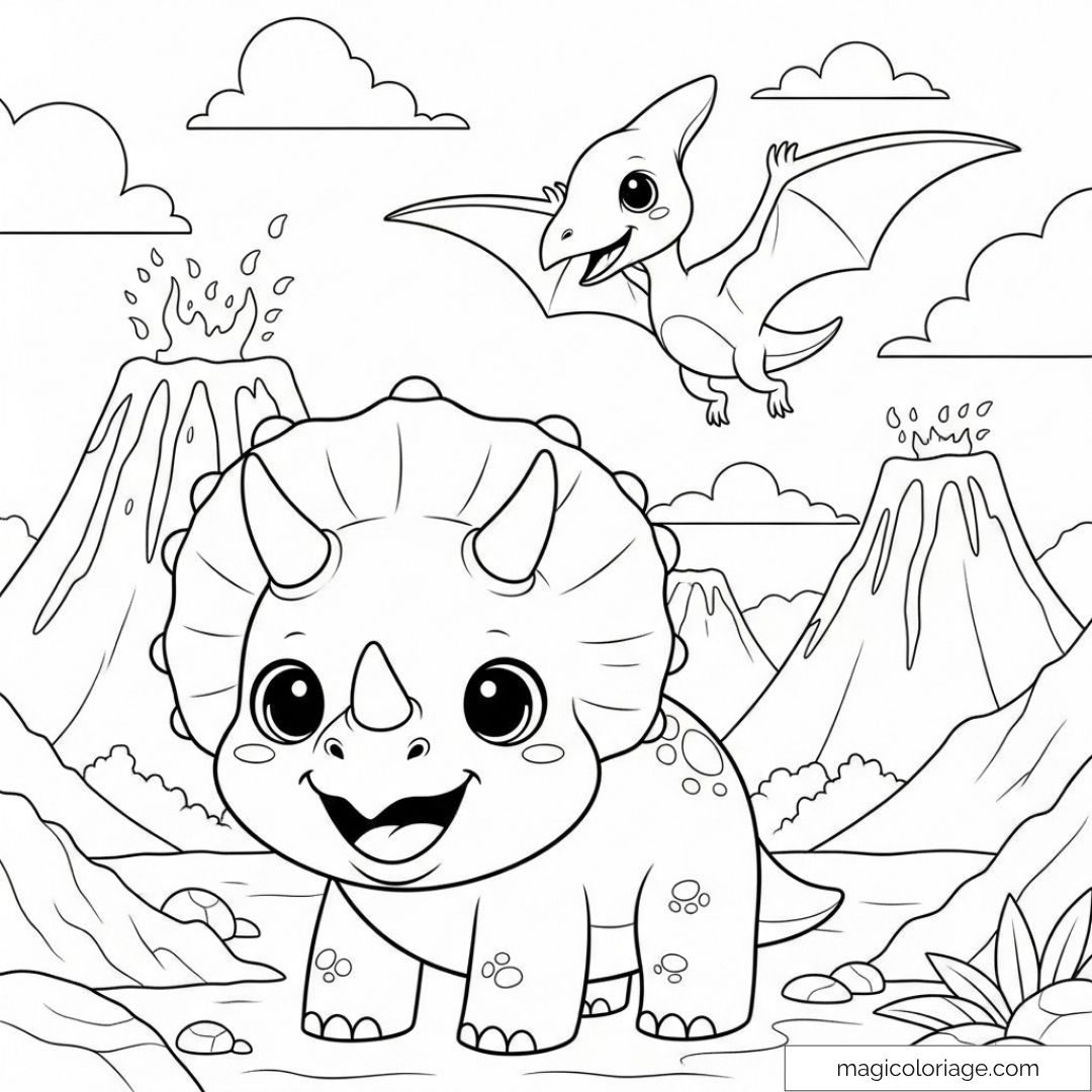 Dinosaure adorable et volcan fumant prêt à être colorié.
