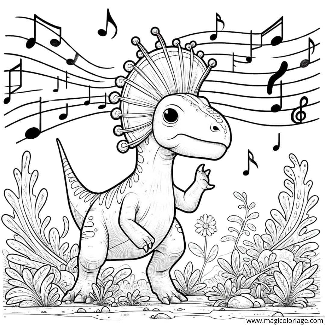 Dessin à colorier d'un Parasaurolophus entouré de notes musicales