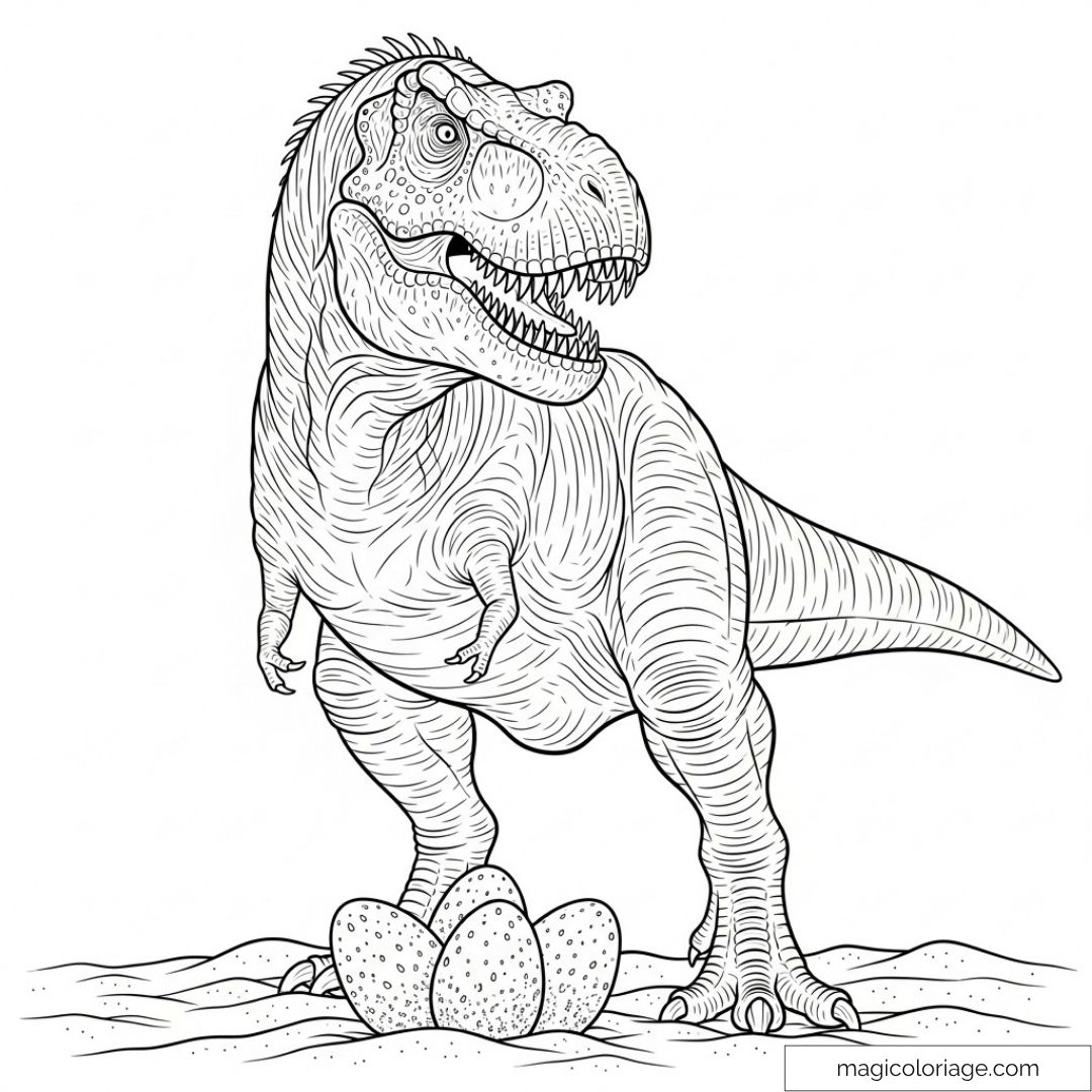 Coloriage de T-Rex gardant des œufs de dinosaure sur le sol.
