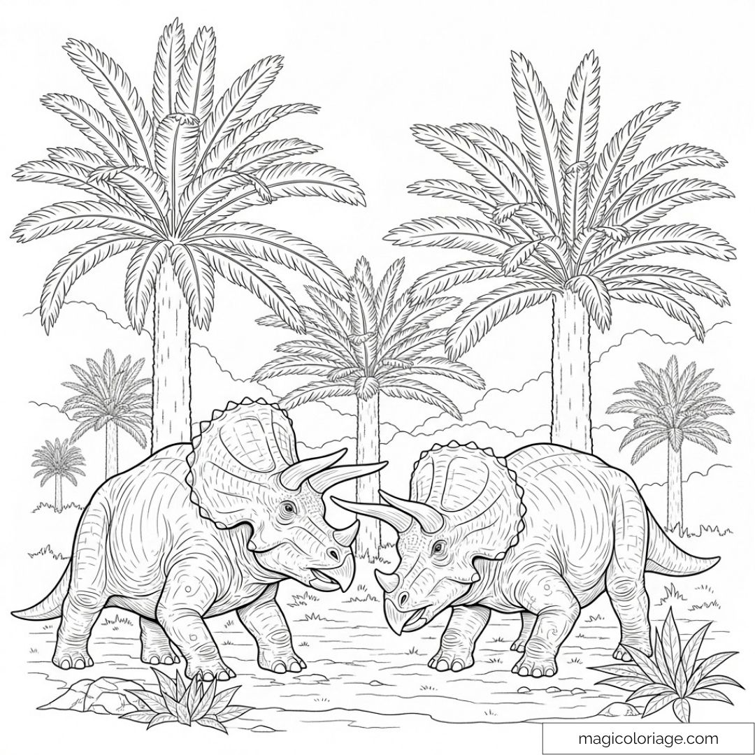 Triceratops dans une jungle avec palmiers